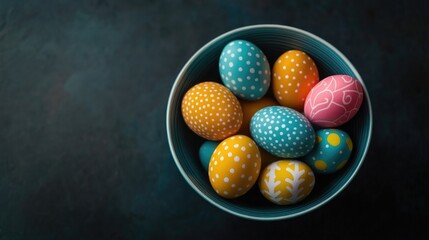 Poster - Colorful Easter eggs in a bowl with space for text