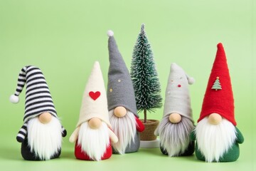 Festive gnome decorations with miniature christmas trees on green background