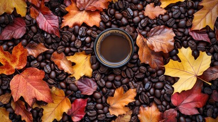 Aufkleber - A stunning aerial perspective of a variety of coffee beans mixed with autumn leaves ideal for enthusiasts of coffee and nature alike