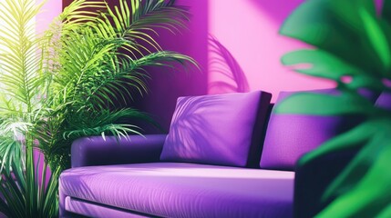 Poster - Vibrant purple lounge featuring a modern sofa and lush green plants A stylish and colorful workspace perfect for a bright and creative business atmosphere