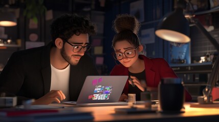 Poster - Young couple collaborating on a creative project while working on a laptop in a cozy indoor workspace during the evening