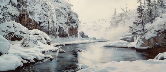 Aufkleber - Snowy Scene With Narrow Gorge And Open Water Slowly Moving