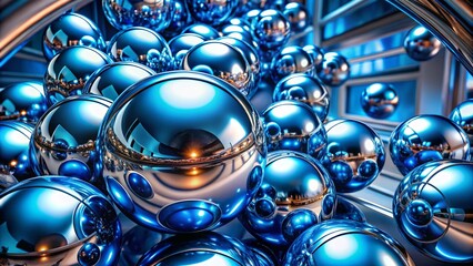 Poster - Chrome Circles System with Blue Balls in Modern Abstract Style