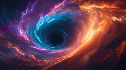 Poster - A swirling vortex of space-time, with colorful light trails stretching into infinity. The black hole recedes into the background.