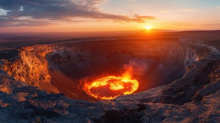 Poster - Panoramic view of a fire crater glowing at sunset