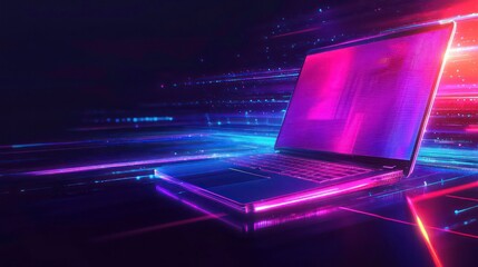Leinwandbilder - A futuristic laptop emitting vibrant light trails, symbolizing speed and technology.