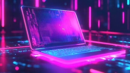 Poster - A futuristic laptop glowing with neon lights, set against a digital background.