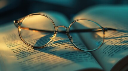 Poster - Glasses Resting on an Open Book with Blurry Text
