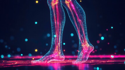 Poster - A digital representation of human legs with glowing joints and vibrant particles.
