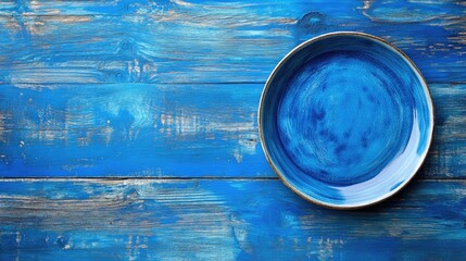 Poster - Empty plate set against a blue wooden backdrop