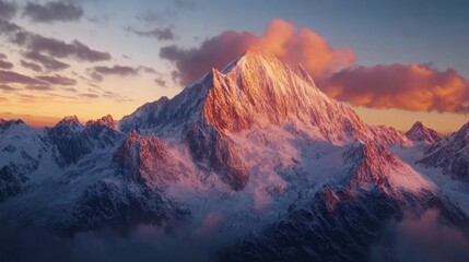 Poster - Majestic mountain landscape at sunrise featuring snow capped peaks and stunning light captured in cinematic 8k photorealistic detail