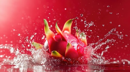 Poster - Water splashing onto a red dragon fruit against a vibrant red backdrop