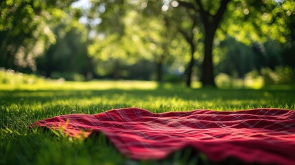 Red picnic blanket sprawled across lush green grass with blurred trees in the background evoking a sense of leisure and summer vibes