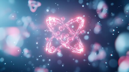 Poster - Abstract Molecular Visualization, glowing atom symbol surrounded by electrons in a free space environment, illustrating complex scientific concepts and molecular interactions.