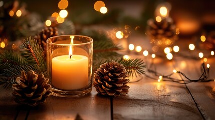 Aufkleber - A warm holiday setting showcasing a glowing candle pinecones and twinkling lights ideal for capturing the essence of winter joy and comfort