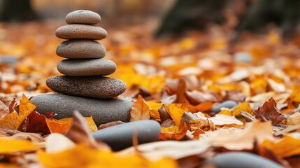 Stone tower in autumn surrounded by balanced natural stones and fallen leaves