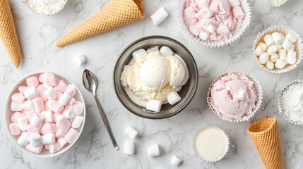 Aufkleber - Top view of ice cream ingredients on a marble surface featuring a bowl of ice cream cones a spoon marshmallows and cupcake liners