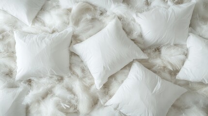 Poster - A multitude of white pillows creates a backdrop filled with disorganized feather cushions