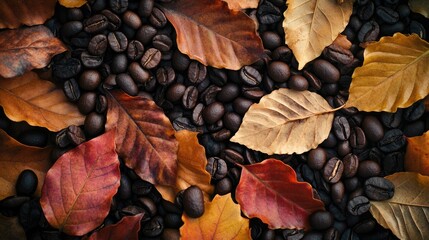 Aufkleber - A stunning aerial perspective of a variety of coffee beans mixed with autumn leaves ideal for enthusiasts of coffee and nature alike