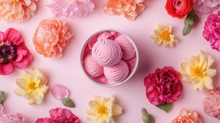 Poster - Minimalist arrangement featuring artistic ice cream surrounded by vibrant flowers on soft pastel paper in a top view layout Flat lay composition