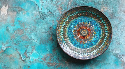 Poster - Intricate Mosaic Plate Showcased Against a Textured Turquoise Backdrop