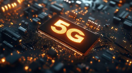 Leinwandbilder - A digital representation of a 5G chip on a circuit board, highlighting advanced technology.
