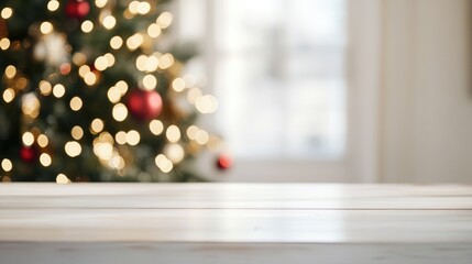Aufkleber - Blank white table with a blurred Christmas tree in the background featuring ample copy space