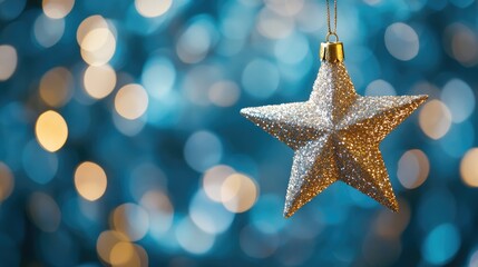 Poster - Glittering golden Christmas star suspended against a softly blurred light blue bokeh backdrop festive decoration close up view radiant celebration