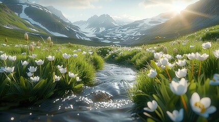 Poster - Beautiful mountain creek, with a green lush meadow with tall gentle grass, with a narrow creek running center, and white a few beautiful flowers growing the distance.