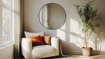 Poster - A circular mirror enhances the decor of a modern living room set above a cozy armchair A vibrant potted plant adds a natural element fostering a balanced atmosphere