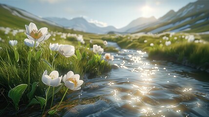 Poster - Beautiful mountain creek, with a green lush meadow with tall gentle grass, with a narrow creek running center, and white a few beautiful flowers growing the distance.