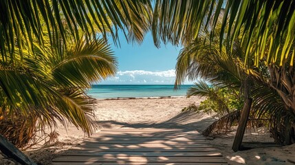 Leinwandbilder - Tropical beach scene framed by palm leaves viewed from a rustic wooden boardwalk basking in sunlight