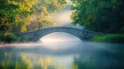 Aufkleber - Serene Scene of a Historic Stone Bridge Over a Foggy River Surrounded by Lush Foliage and Gentle Morning Light Creating an Atmosphere of Peace and Relaxation