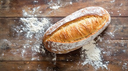 Aufkleber - Artisan bread loaf resting on a rustic wooden surface surrounded by a sprinkle of flour