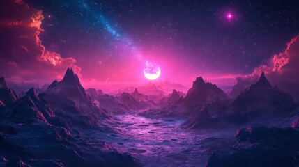 Aufkleber - A vibrant cosmic landscape with mountains, a glowing celestial body, and a starry sky.