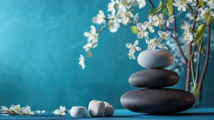 Poster - Tranquil Spa Arrangement Featuring Natural Elements Against a Blue Backdrop
