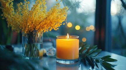 Poster - Close up of a decorative aroma candle placed on a table alongside mimosa creating an inviting and serene atmosphere