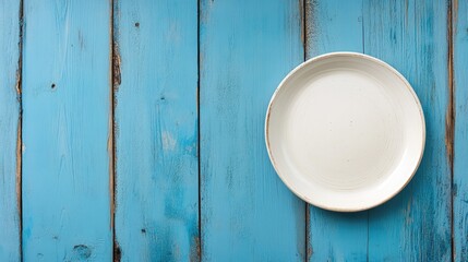 Poster - Empty plate set against a blue wooden backdrop