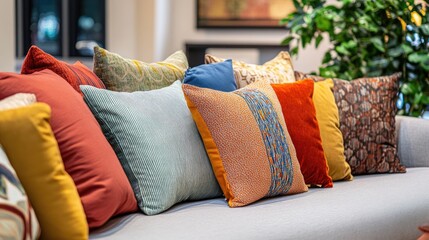 Aufkleber - Couch adorned with numerous pillows in an interior space featuring a banner and ample copy space