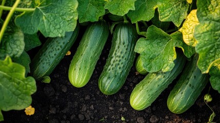 Poster - Fresh vibrant young cucumbers resting on the ground amid lush green leaves Celebrating the harvest of cucumber plants