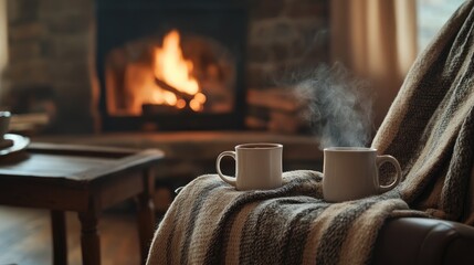 Poster - Two steaming mugs rest on a wooden table near a fireplace accompanied by a cozy woolen blanket draped over a comfy armchair creating an inviting atmosphere for relaxation