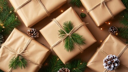 Aufkleber - Festive background featuring gift boxes wrapped in kraft paper Holiday celebration preparation in natural colors showcasing a top view flat lay design