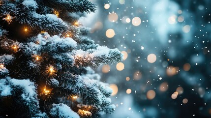 Aufkleber - Snow dusted conifer tree decorated with sparkling lights on a winter night evoking a festive and enchanting ambiance
