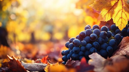 Poster - Freshly harvested organic grapes with vibrant leaves in an autumn setting