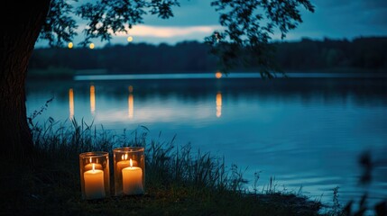 Poster - Glowing candles by a serene lakeside at dusk