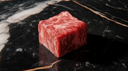 Poster - Perfect cube of Wagyu beef resting on a black marbled surface accompanied by creative shadows
