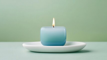 Poster - A single blue square bubble candle placed on a white oval against a soft green background