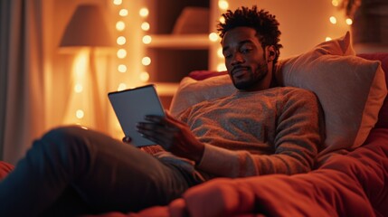 Aufkleber - A black man is comfortably seated on a bed, engrossed in reading a tablet. Soft, warm lighting from decorative string lights creates a cozy atmosphere, perfect for a relaxing evening indoors.