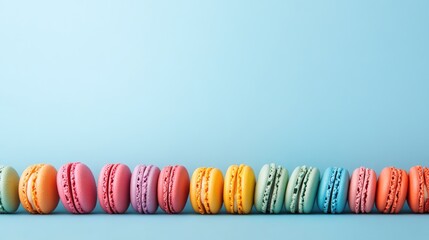 Aufkleber - Vibrant selection of colorful macarons lined up food backdrop ample space for text