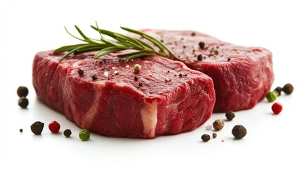 Poster - Raw beef steaks on a white background showcasing a food preparation theme